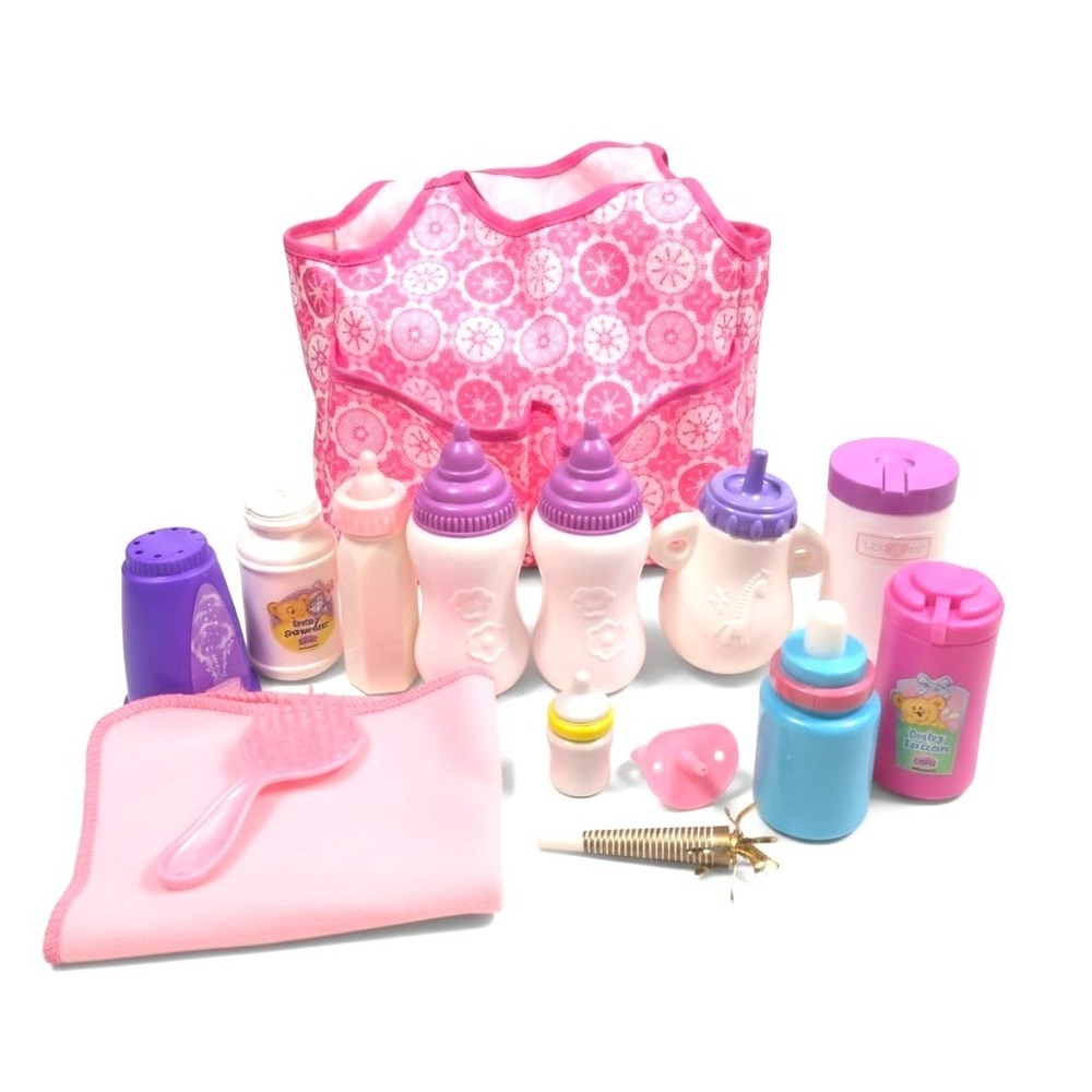 You & Me Baby Doll Acc Set Pink Diaper Bag Bottles Pacifier Pretend Play Lot